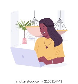 Working retreat isolated cartoon vector illustrations. Smiling girl works using laptop, favorite job, freelancers lifestyle, digital nomad, staff retreat, great business result vector cartoon.