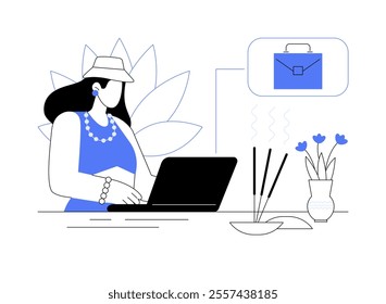 Working retreat isolated cartoon vector illustrations. Smiling girl works using laptop, favorite job, freelancers lifestyle, digital nomad, staff retreat, great business result vector cartoon.