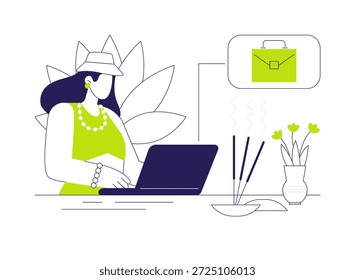 Retiro de trabajo Ilustraciones vectoriales de dibujos animados aislados. Chica sonriente trabaja usando laptop, trabajo favorito, estilo de vida de freelancers, nómada digital, retiro de personal, gran resultado comercial, dibujos animados de Vector.