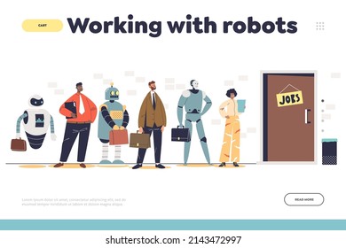 Trabajar con robots en el concepto de la página de inicio con robots y personas esperando una entrevista de trabajo. Empleados humanos y mecánicos para ocupar puestos vacantes. Dibujo vectorial plano de dibujos animados