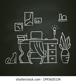 Working room chalk icon.Comfortable workplace.Workspace interior for working from home. Isolated ector illustration on chalkboard