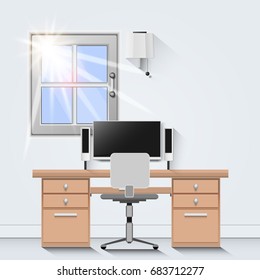 Working room with desk And windows open with sunlight, vector illustration