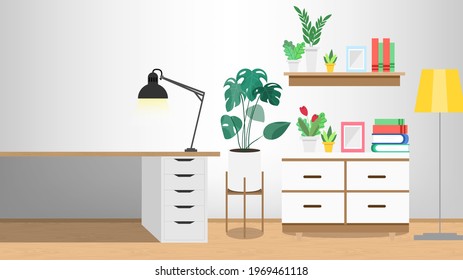 Sala de trabajo con una lámpara sobre el escritorio y un árbol a su lado y una estantería llena de pequeñas plantas y marcos de imagen, Vector Illustración EPS 10