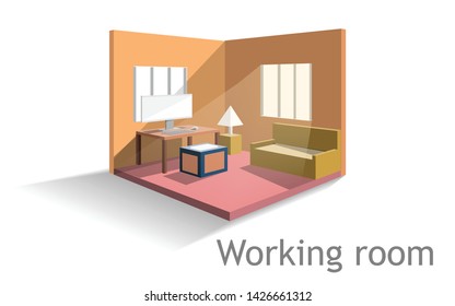 Working room office in house ,isometric  and perspective design,computer and sofa interior design,vector art and illustration. 