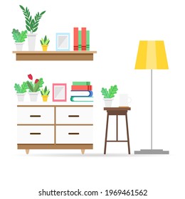 Working room with Shelves full of young plants and picture frames, Vector illustration EPS 10
