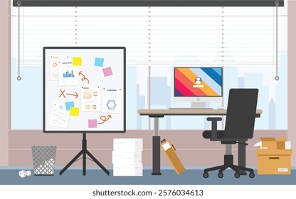 Working room with white board data and paper document pin on board, Working space with computer, Office Desk.