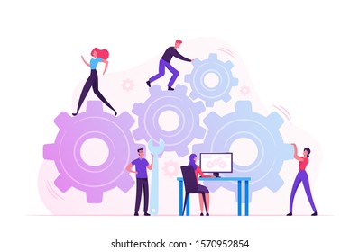 Working Routine Process and Teamwork Concept. Male and Female Characters Moving Huge Gear Mechanism Using Wrench, Feet and Arms. Woman Managing Cogwheel Process at Pc. Cartoon Flat Vector Illustration - Shutterstock ID 1570952854