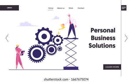 Working Routine Process and Teamwork Landing Page Template. Business People Moving Huge Gears. Man Grease Mechanism. Cartoon Flat Vector Illustration