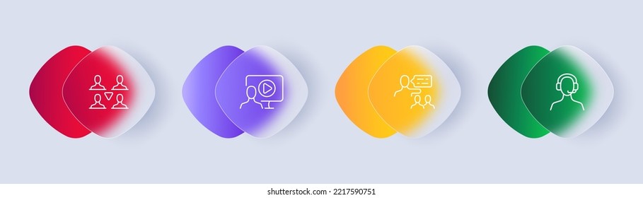 Working routine set icon. Online conference, exchange information, teamwork, presentation, operator, speech bubble, consultation. Business concept. Glassmorphism style. Vector line icon for Business.