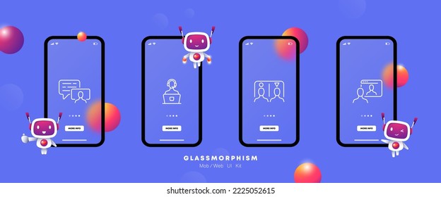 Working routine set icon. Online conference, exchange information, teamwork, presentation, operator, speech bubble, consultation. Business concept. Glassmorphism style. Ui phone app screen