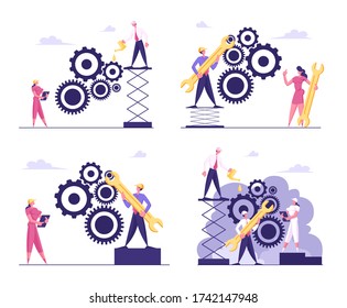 Concepto de rutina de trabajo y trabajo en equipo. Personajes de negocios en sombreros rígidos que mueven mecanismos de engranajes gigantes usando llave y aceite. Mujer administrando el proceso del CogWheel en la Tableta. Ilustración de vectores de personas de caricatura
