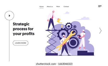 Working Routine and Teamwork Website Landing Page. Business Characters in Hardhats Moving Huge Gear Mechanism Using Wrench and Oilcan. Cogwheel Process Web Page Banner. Cartoon Vector Illustration