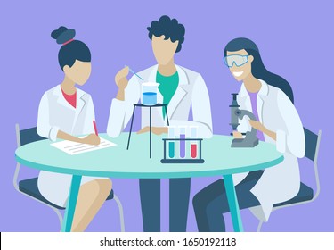 Working scientists, lab research, chemistry laboratory workers and science researchers vector. Infection scientists, biologists or genetic engineers. Man and women at table with flasks illustration