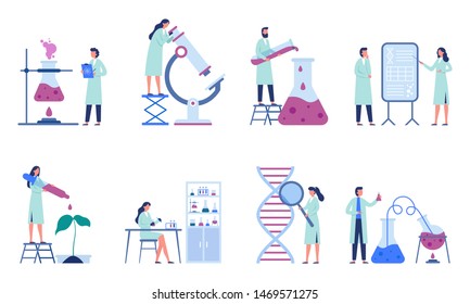 Working Scientists. Professional Lab Research, Chemistry Laboratory Workers And Science Researchers. Infection Scientists, Biologist Engineer Working. Isolated Flat Vector Illustration Icons Set