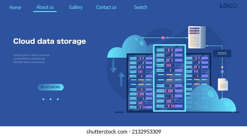 Working server cabinets banner. Data storage, data centre, cloud storage concept. File management, cloud storage and transfer protection digital service or application flat illustration vector.