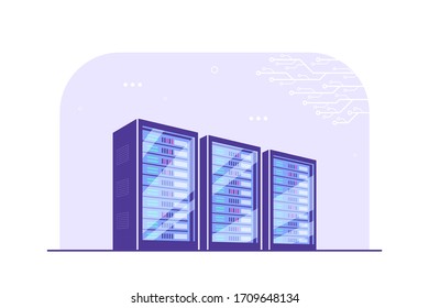 Working server server cabinets. Data storage, cloud storage, data center concept. Flat style banner design. 