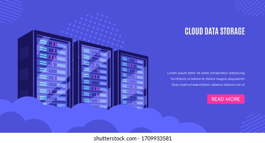 Working server server cabinets. Data storage, cloud storage, data center concept. Flat style banner design. 