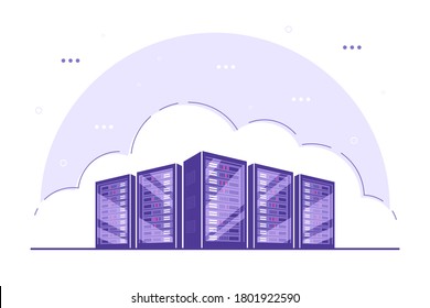 Working server server cabinets. Data storage, cloud storage, data center concept. Flat style banner design. 