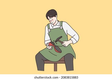 Working in shoe repairing concept. Young man shoemaker sitting repairing female shoe with hammer working over yellow background vector illustration 