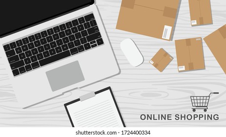 Working shopping online with laptop and   parcel box on wood backgrounds ,work from home  vector illustrations EPS 10