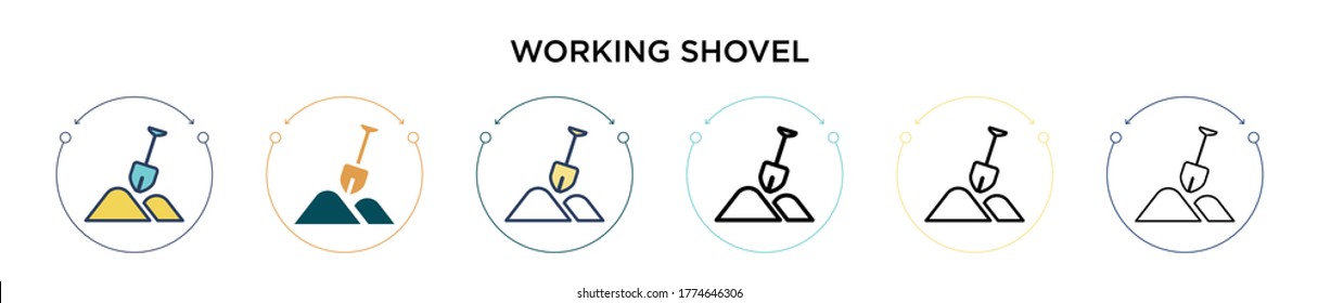 Working shovel icon in filled, thin line, outline and stroke style. Vector illustration of two colored and black working shovel vector icons designs can be used for mobile, ui, web