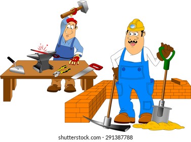 working with a shovel and a pick on a white background, vector