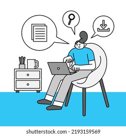 Trabajar y sentarse en la ilustración de caracteres dibujados a mano de la silla