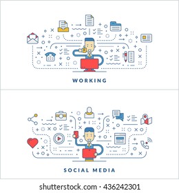 Working. Social media. Flat line icons and businessman cartoon character. Business concept. Vector thin line illustration for website banner template or header