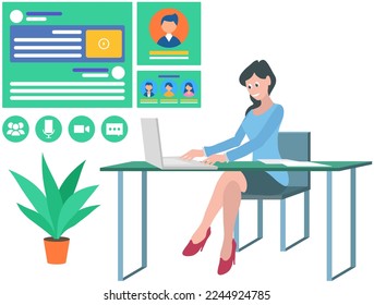 Working with social media technology, user profile. Woman browsing networks, chatting using computer. Social network web site surfing. Designer, developer using profile web interface, online community