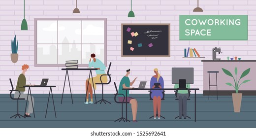 Working space composiion with text and indoor interior of time cafe and persons with books computers vector illustration