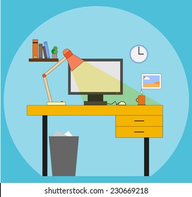 Working space with computer, lamp, picture, watch, books, trash can and coffee cup. Vector illustration in flat style.