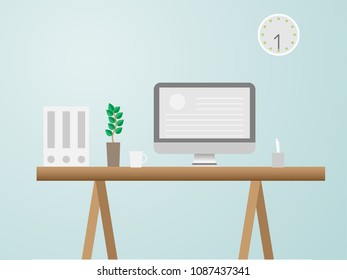 Working space with computer on wooden table