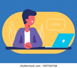 Working space, concept illustration. Young people freelancers working on computer. People at home in quarantine. Vector flat style illustration.