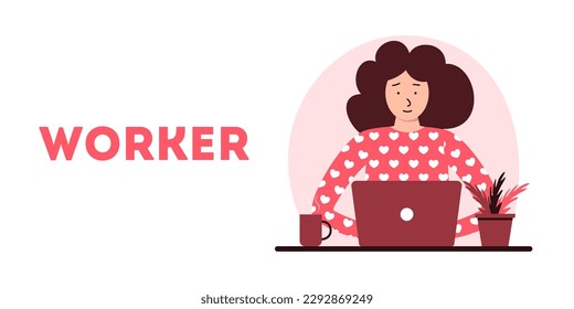 Working space, concept illustration. Young woman working on desktop home office workplace. Vector flat style illustration