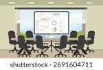 Working space conference room with a large windows with long wooden table and data display screen on the center.