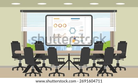 Working space conference room with a large windows with long wooden table and data display screen on the center.