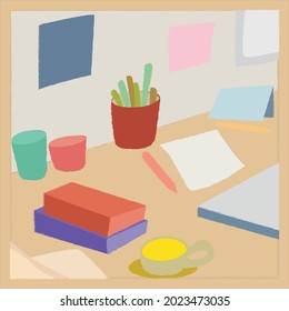 working space with crayon texture simple objects