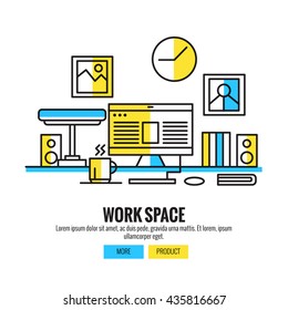  Working Space for Designers, Photographers and Typographers with computer, poster, watch, books, speaker and coffee cup. ,flat line design vector illustration