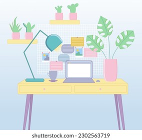 Working space flat vector illustration. Freelance, office interior 