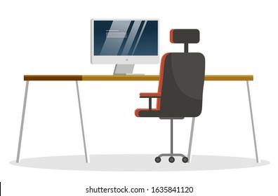 Working space furniture design, isolated set of table and chair with personal computer on desktop. Tabletop with monitor and comfy armchair for director or boss, vector in flat style illustration