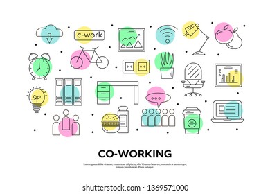 Working space horizontal banner template. Office linear vector illustration. Workplace utensils, property items on color background. Business routine. Coworking isolated contour vector symbols
