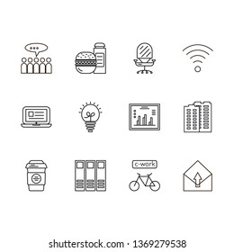 Working space icons pack. Office linear vector illustration. Workplace utensils, property. Colleagues, chatting, idea signs . Business routine. C-work isolated contour vector symbols