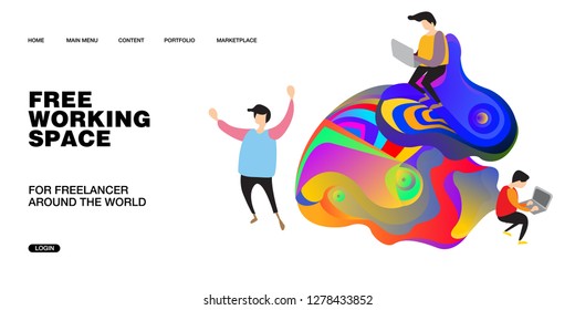 Working Space Illustration and Design for Website, Presentation, and Landing Page with colorful liquid background