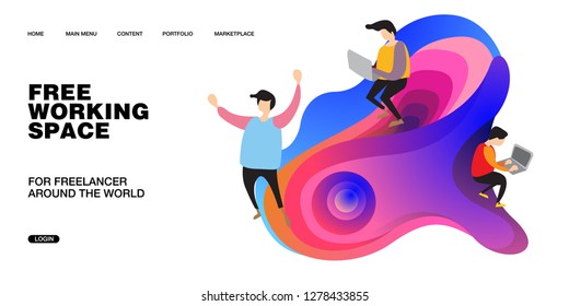 Working Space Illustration and Design for Website, Presentation, and Landing Page with colorful liquid background