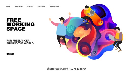 Working Space Illustration and Design for Website, Presentation, and Landing Page with colorful liquid background