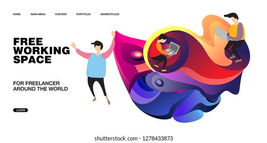Working Space Illustration and Design for Website, Presentation, and Landing Page with colorful liquid background