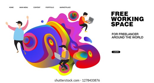 Working Space Illustration and Design for Website, Presentation, and Landing Page with colorful liquid background