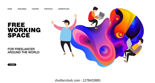 Working Space Illustration and Design for Website, Presentation, and Landing Page with colorful liquid background