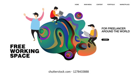 Working Space Illustration and Design for Website, Presentation, and Landing Page with colorful liquid background
