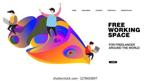 Working Space Illustration and Design for Website, Presentation, and Landing Page with colorful liquid background